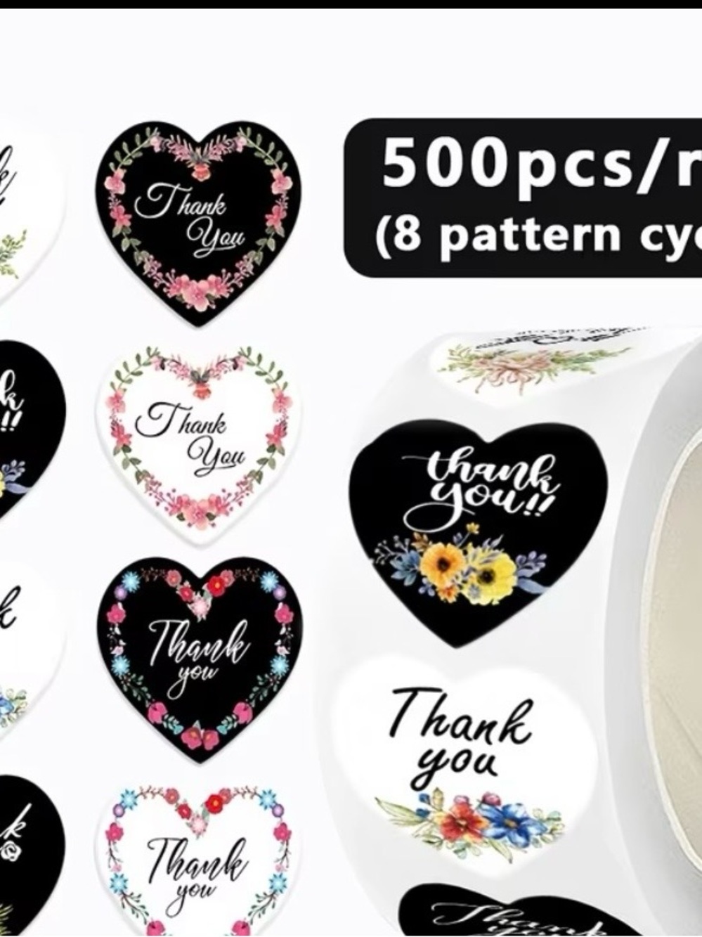 500pcs/Roll Black Thank You Heart Stickers.